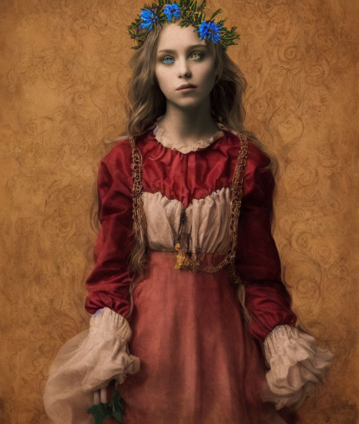 Young girl in red dress with floral wreath - vintage-style portrait