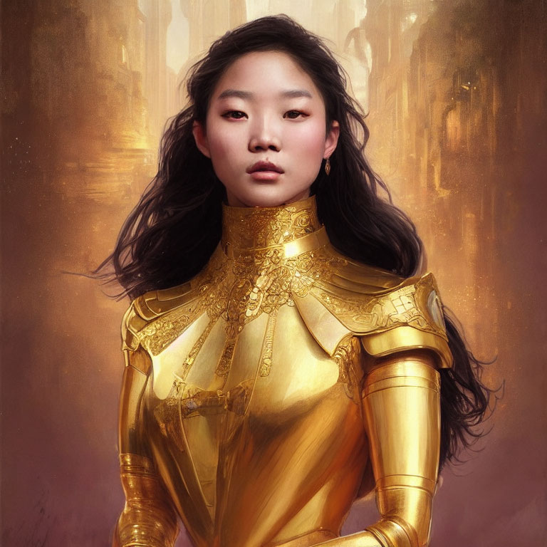 Digital Portrait of Woman in Ornate Golden Armor on Warm Background