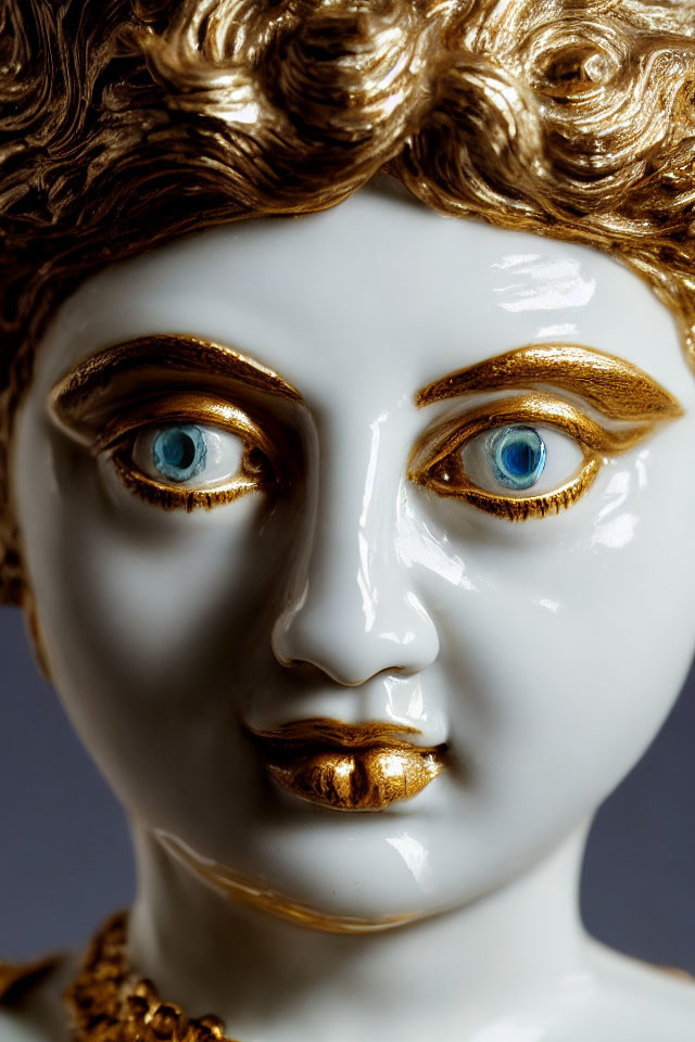 Porcelain figurine with golden lip, eye, and hair details on grey background