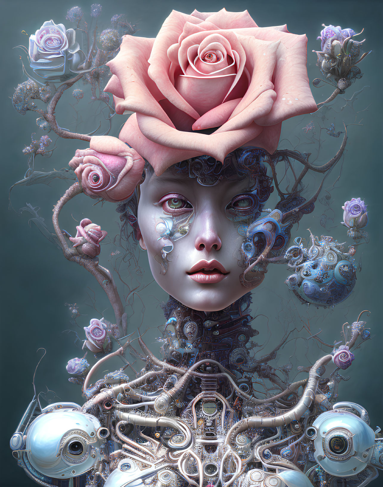 Surreal digital art: Female figure with mechanical features, surrounded by intricate flora and machinery