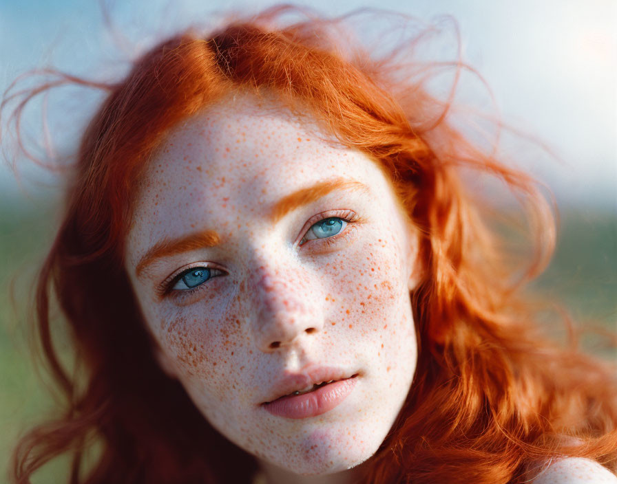 Close-up Portrait of Person with Red Hair, Freckles, and Blue Eyes