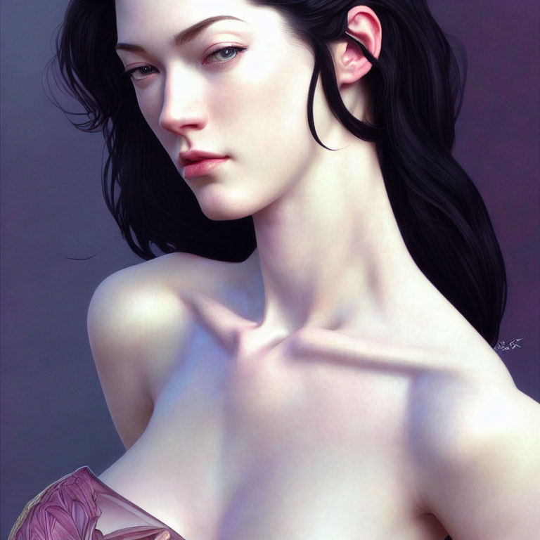 Digital painting of a woman with porcelain skin, dark hair, prominent cheekbones, and a tattoo on