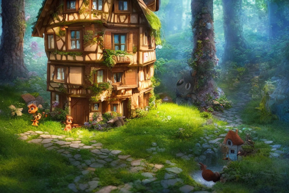 Enchanting cottage in lush forest with animated creatures