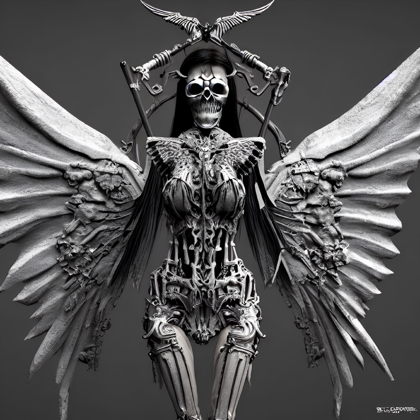 Monochromatic skeletal figure with mechanical elements and angelic wings on grey background