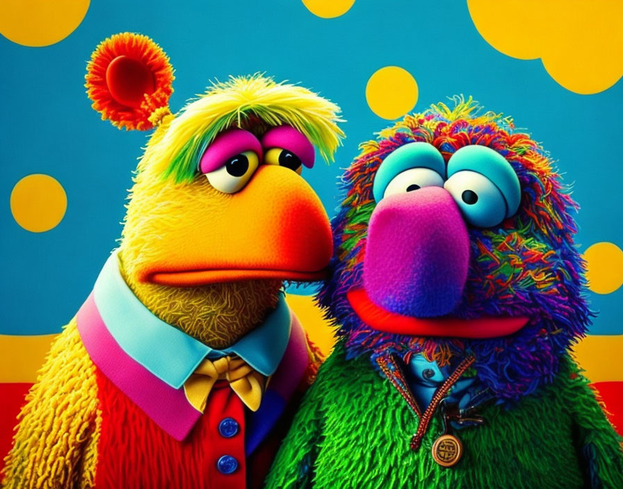 Colorful Fuzzy Muppets on Blue and Yellow Polka-Dot Background