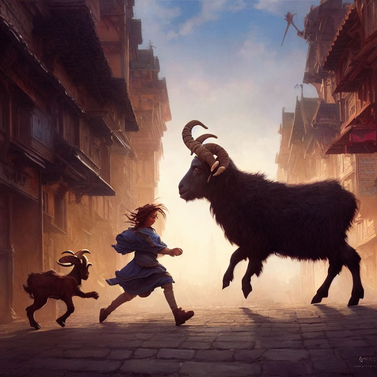 Girl in Blue Dress with Two Goats Running in Sunlit Street