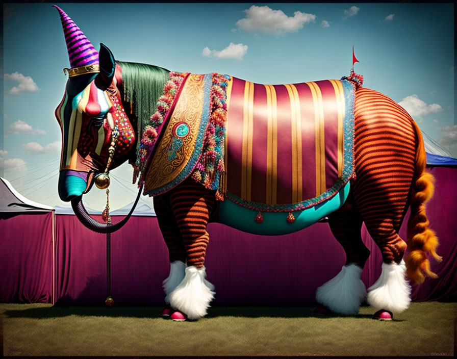 Colorful Horse with Striped Leg Warmers and Decorative Saddle Against Whimsical Sky Background