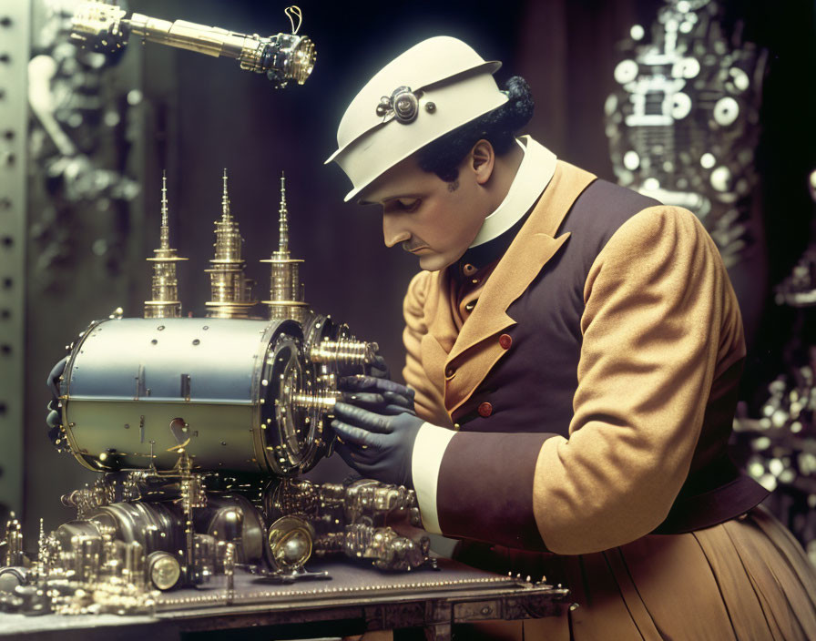 Vintage-clad man studies intricate steampunk machinery