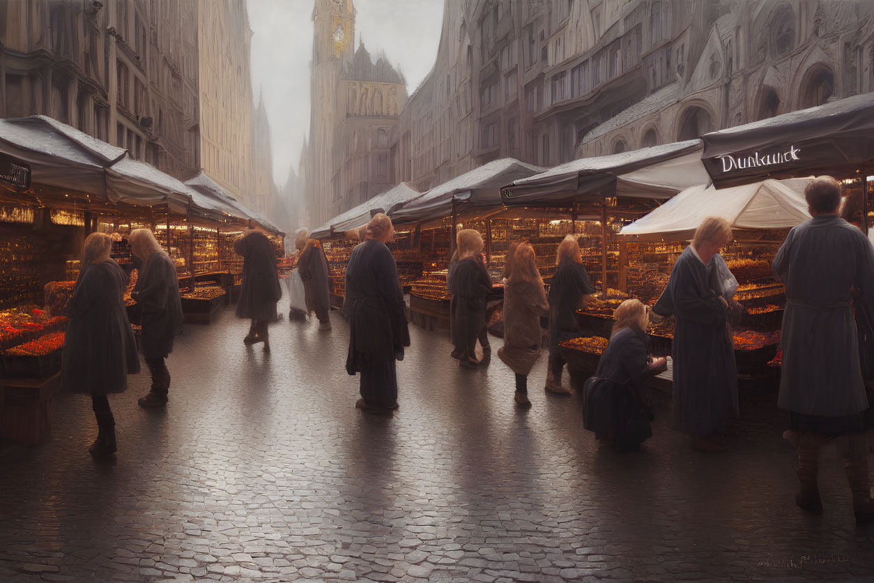 Historical market street with vendors and shoppers in warm, hazy light