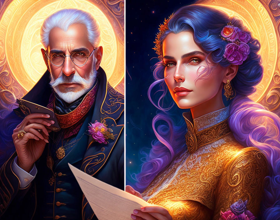 Elderly man and young woman in fantasy attire against cosmic backdrop