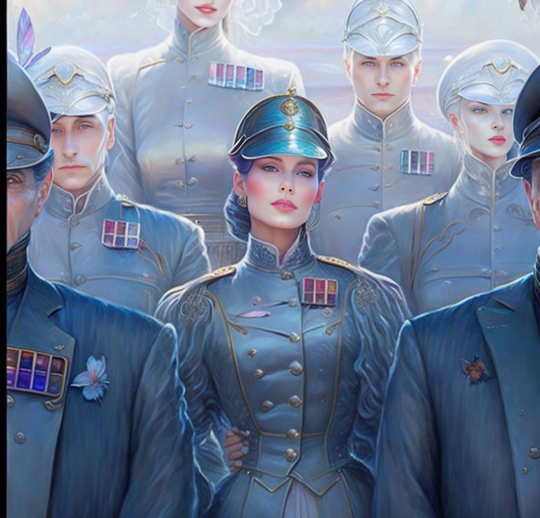 Illustrated characters in ornate blue military uniforms with medals, including a prominent woman.