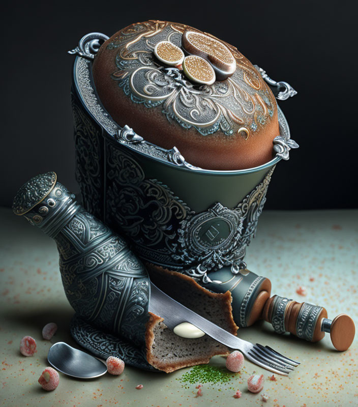 Intricate patterns on ornate Easter egg with knife and spice shaker on textured surface