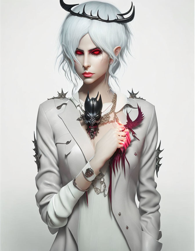 Pale-skinned person with white hair, black horns, gray suit, thorn details, and claw