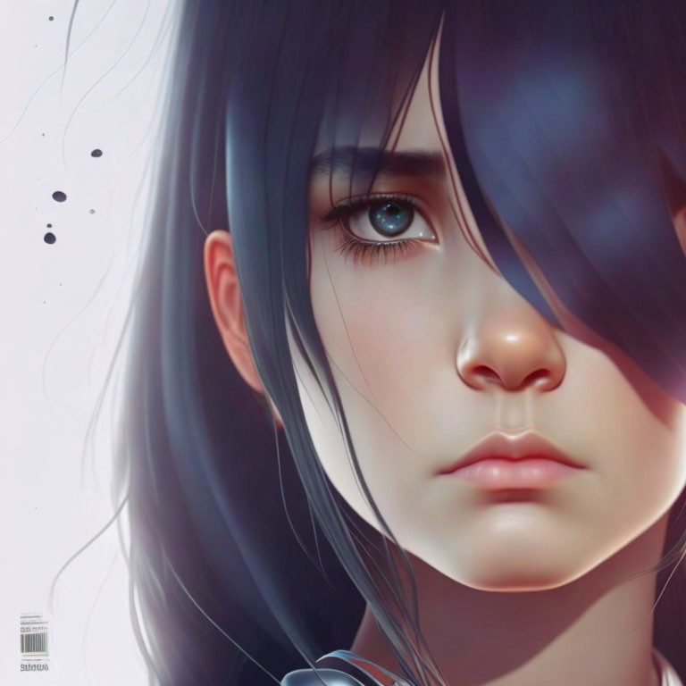 Detailed Close-Up Illustration of Pale-Skinned Girl with Blue Eyes and Black Hair