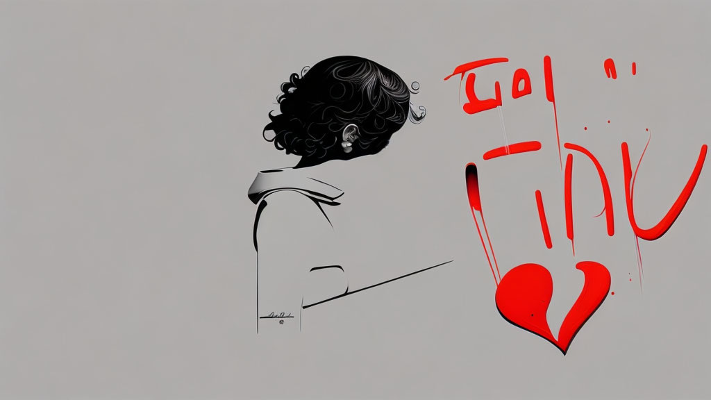 Minimalist Profile Art with Curly Hair and Red Heart Arabic Calligraphy