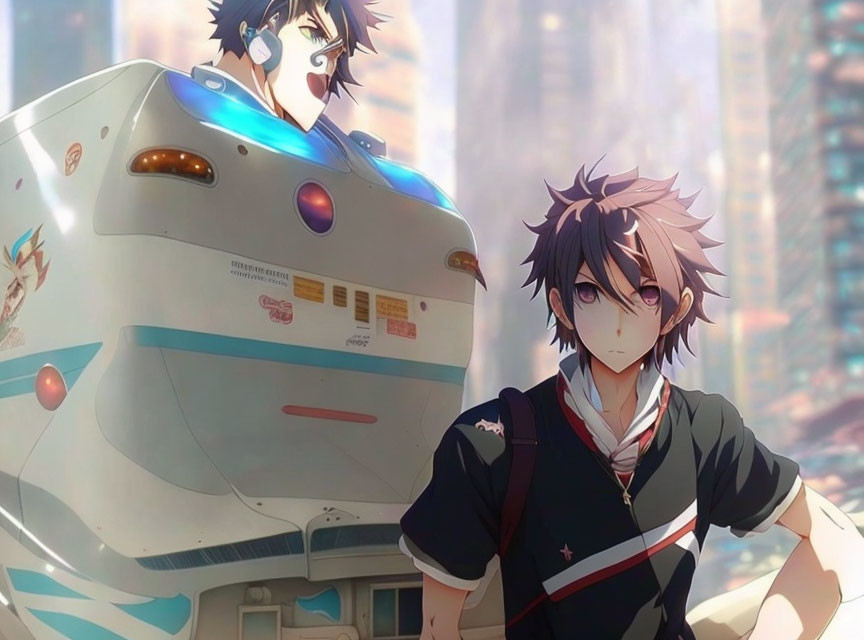 Anime-style characters: young man in school uniform and futuristic bus in city backdrop