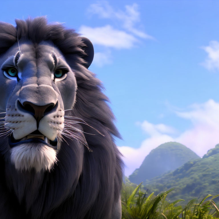 Animated lion with striking blue eyes against green hills and blue sky