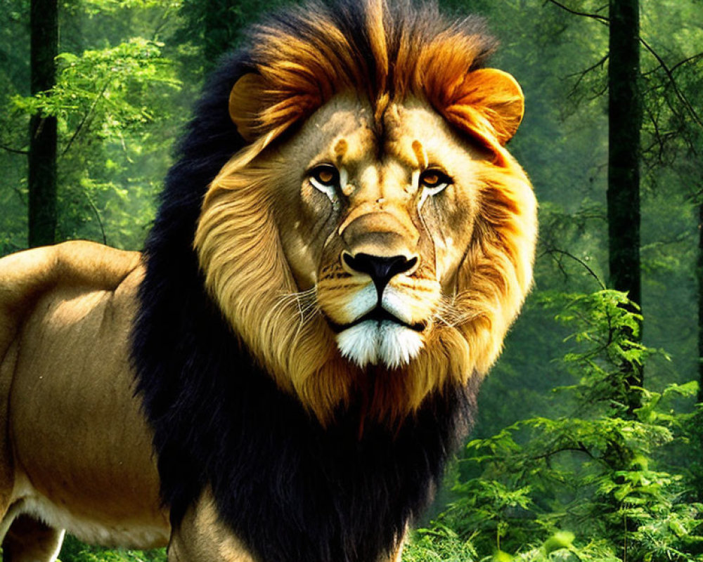 Majestic lion with full mane in lush forest setting