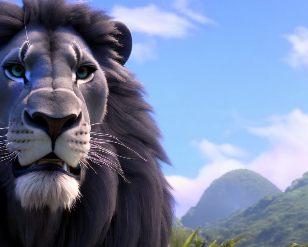 Animated lion with striking blue eyes against green hills and blue sky