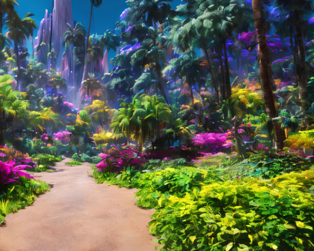 Lush Tropical Forest with Vibrant Flora and Purple Mountains