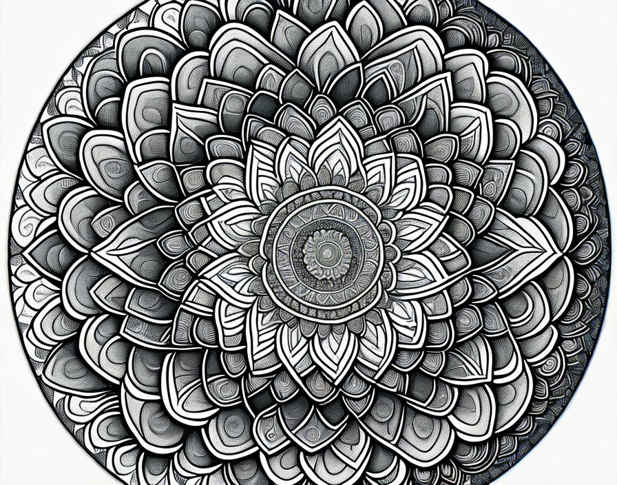 Detailed Black and White Mandala with Intricate 3D Petal Layers