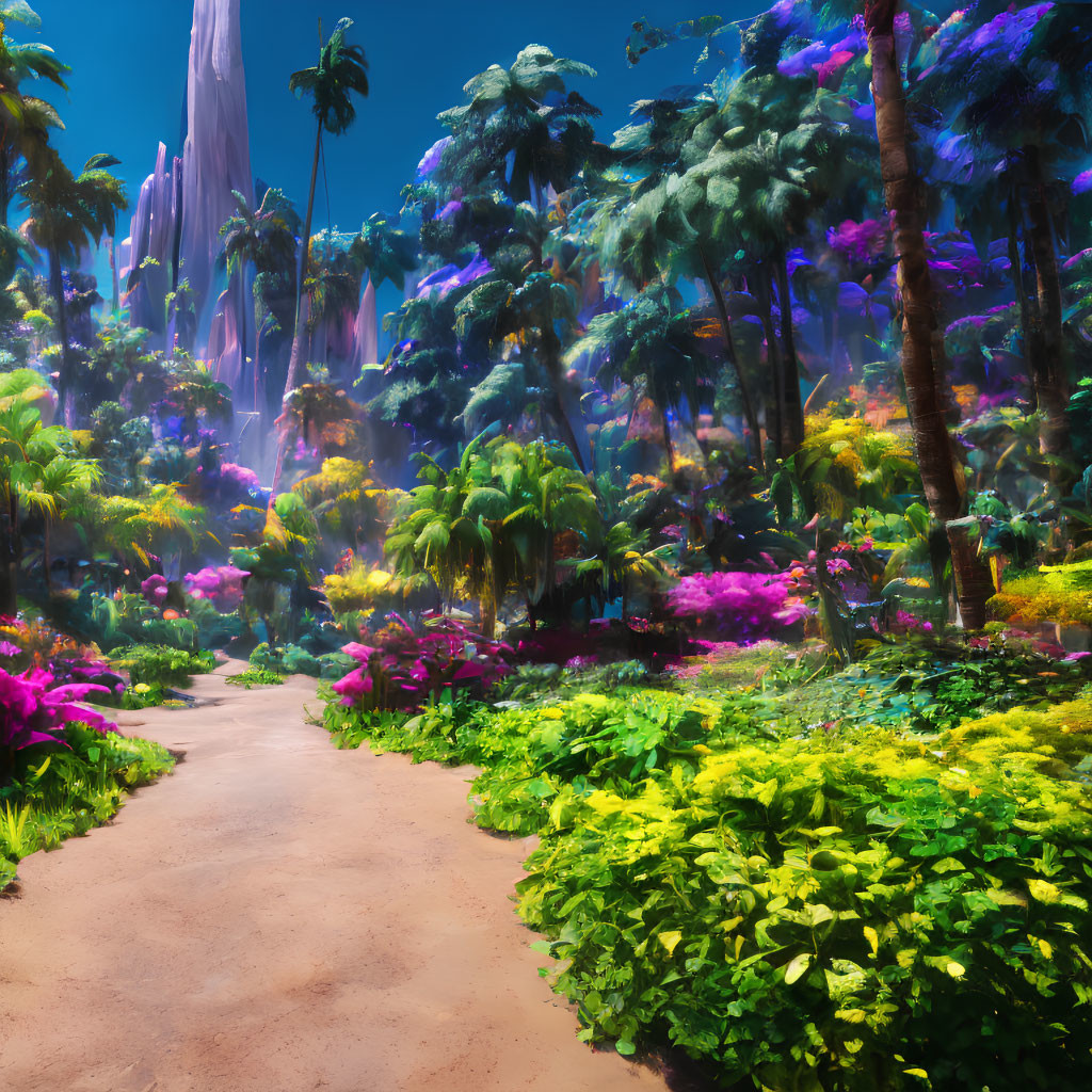 Lush Tropical Forest with Vibrant Flora and Purple Mountains