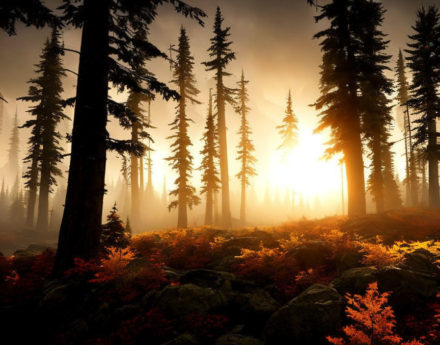 Autumn sunrise in a serene forest with sunbeams and colorful foliage