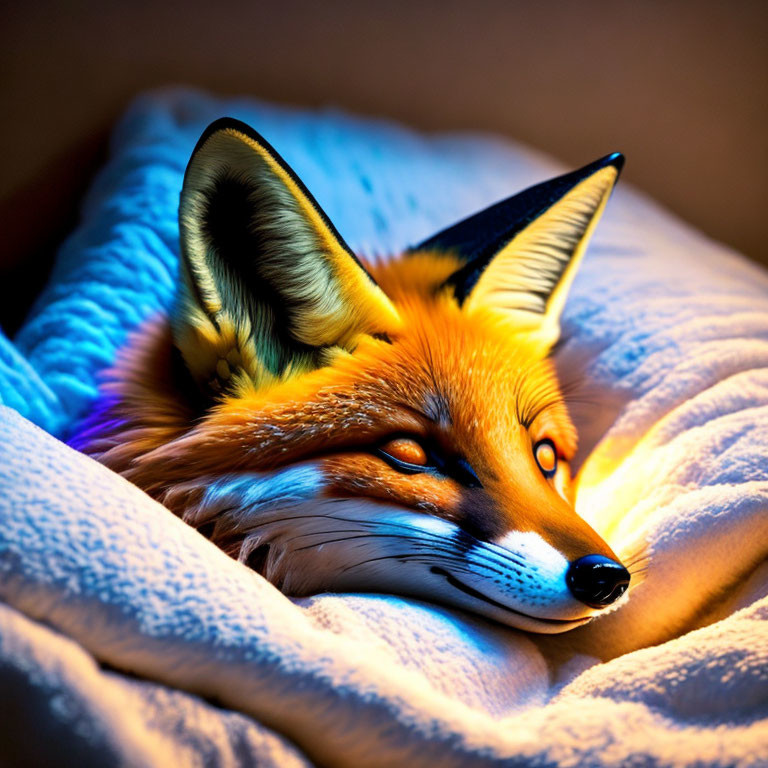 Red Fox Resting Comfortably in Blue Blanket with Warm Lighting