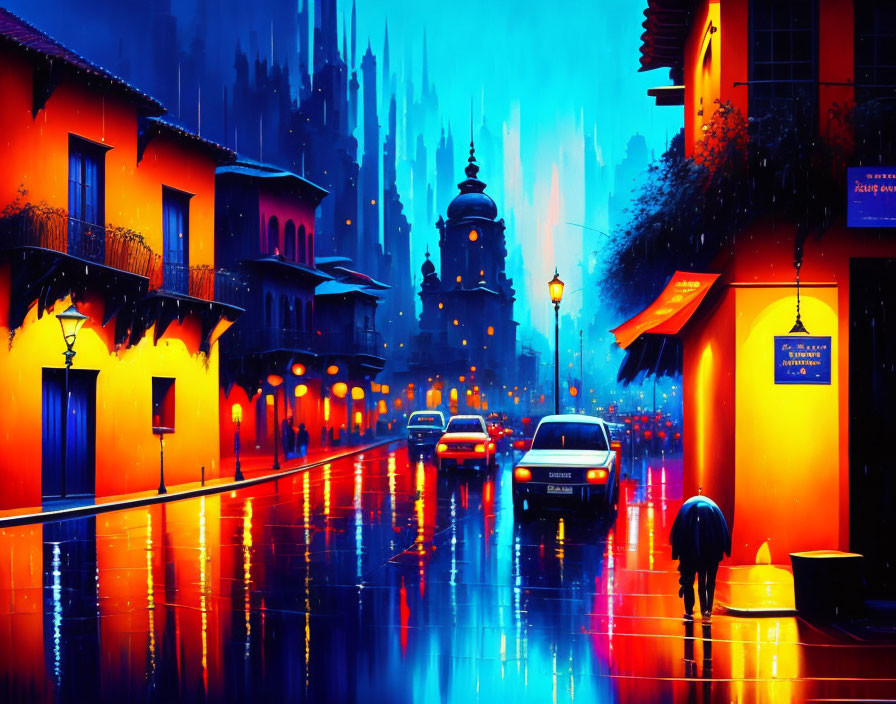 Colorful reflections on rainy city street at night with person holding umbrella