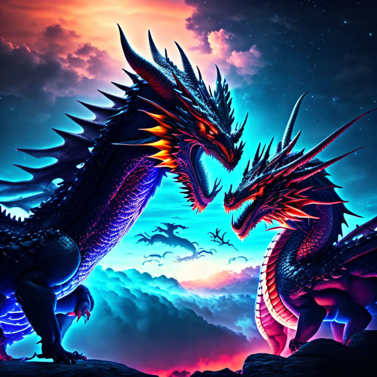 Majestic dragons under starry night sky with vibrant nebula