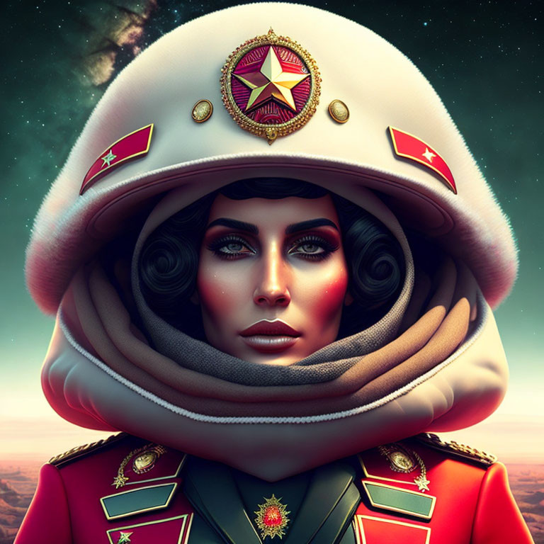 Portrait of woman in military uniform with cosmic backdrop and surreal scarf.