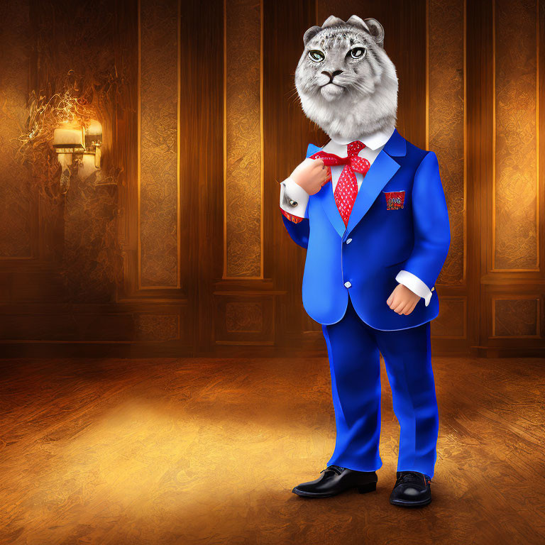 Confident anthropomorphic tiger in blue suit and red tie in elegant room