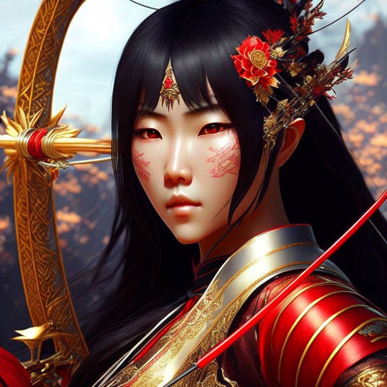 Asian female warrior in traditional attire with golden bow and red arrow in digital artwork