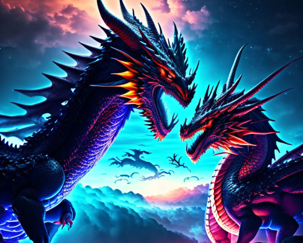 Majestic dragons under starry night sky with vibrant nebula