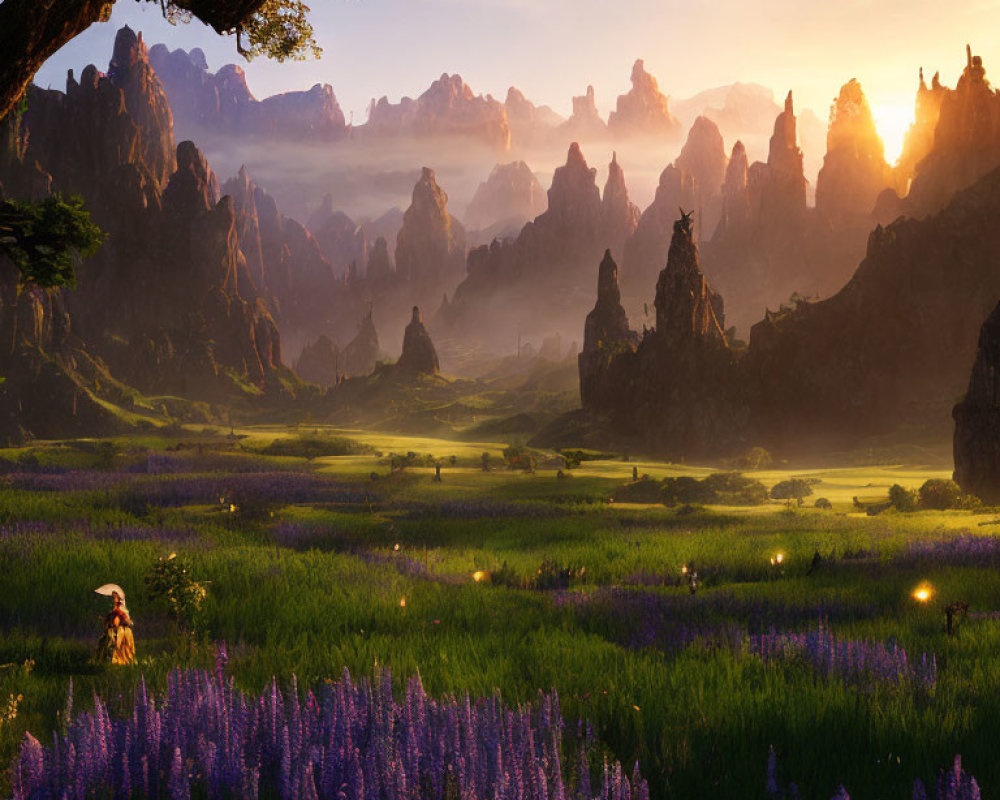 Tranquil Sunrise Landscape with Purple Flowers and Figure