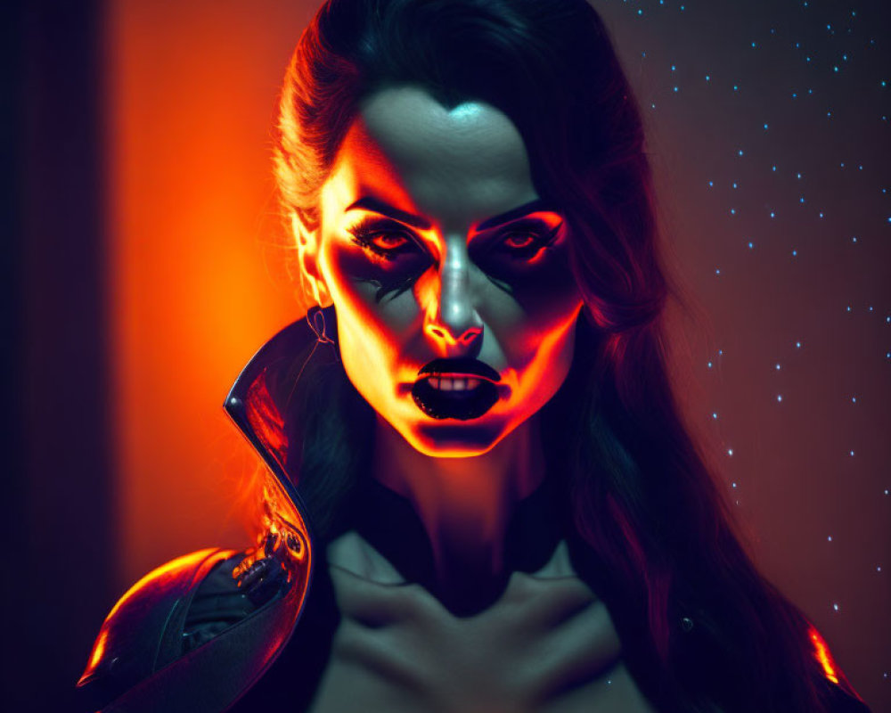 Woman with dramatic makeup under neon lights in dark setting