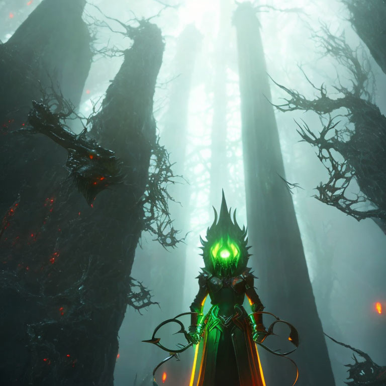 Mysterious figure in green and black armor in dark, misty forest