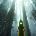 Mysterious figure in green and black armor in dark, misty forest