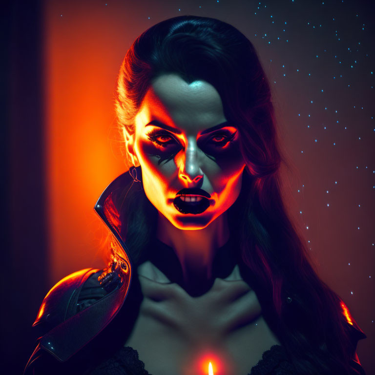 Woman with dramatic makeup under neon lights in dark setting