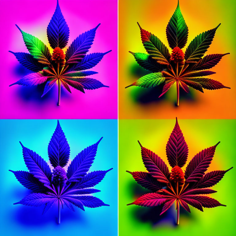 Vibrant Cannabis Leaf Panels on Multicolored Backgrounds