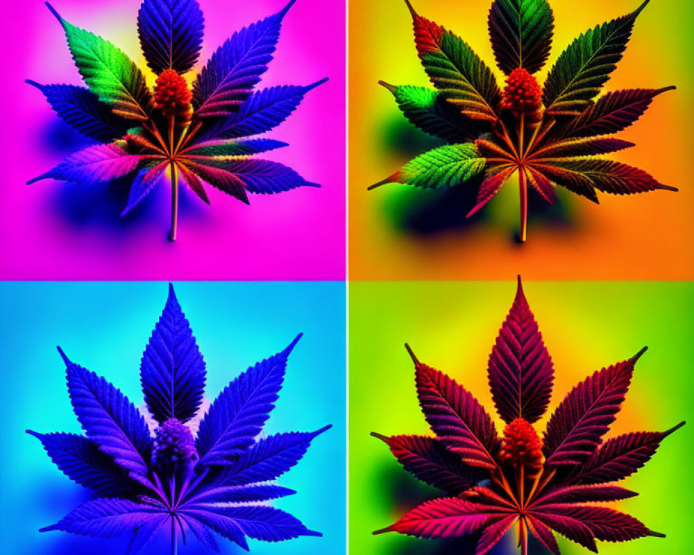 Vibrant Cannabis Leaf Panels on Multicolored Backgrounds