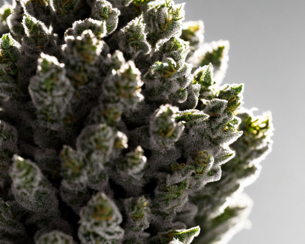 Detailed view of frosty cannabis bud with trichomes and green leaves.