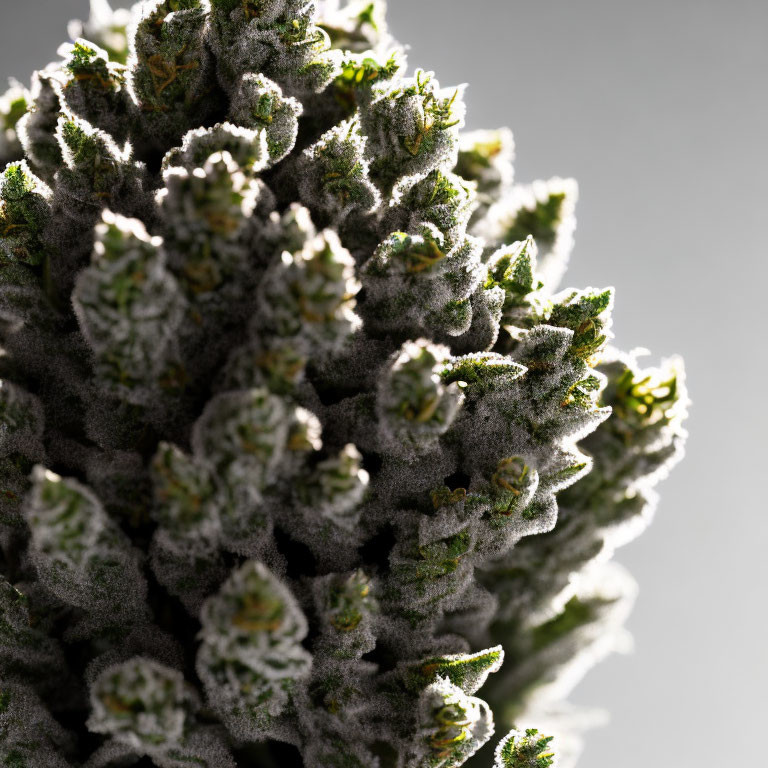 Detailed view of frosty cannabis bud with trichomes and green leaves.