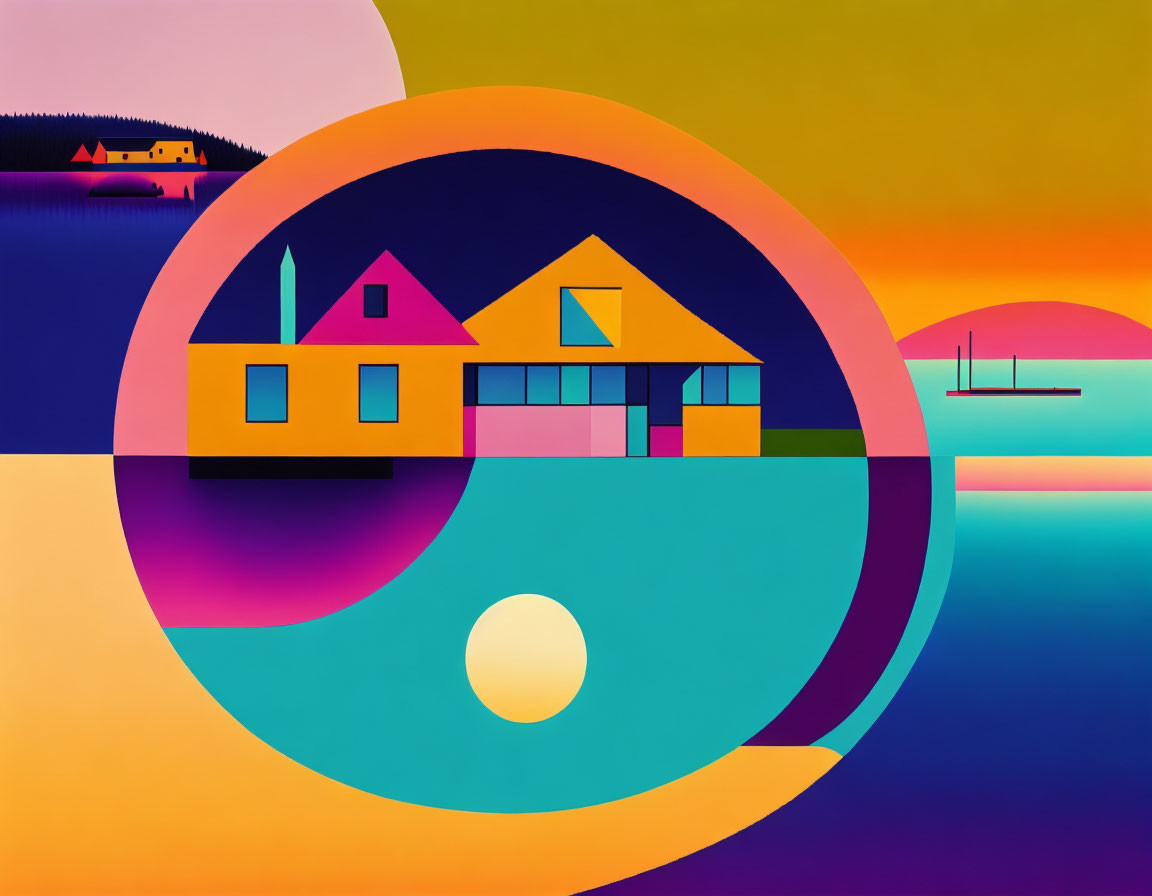 Colorful Abstract Landscape with Geometric Shapes and Sunset Reflections