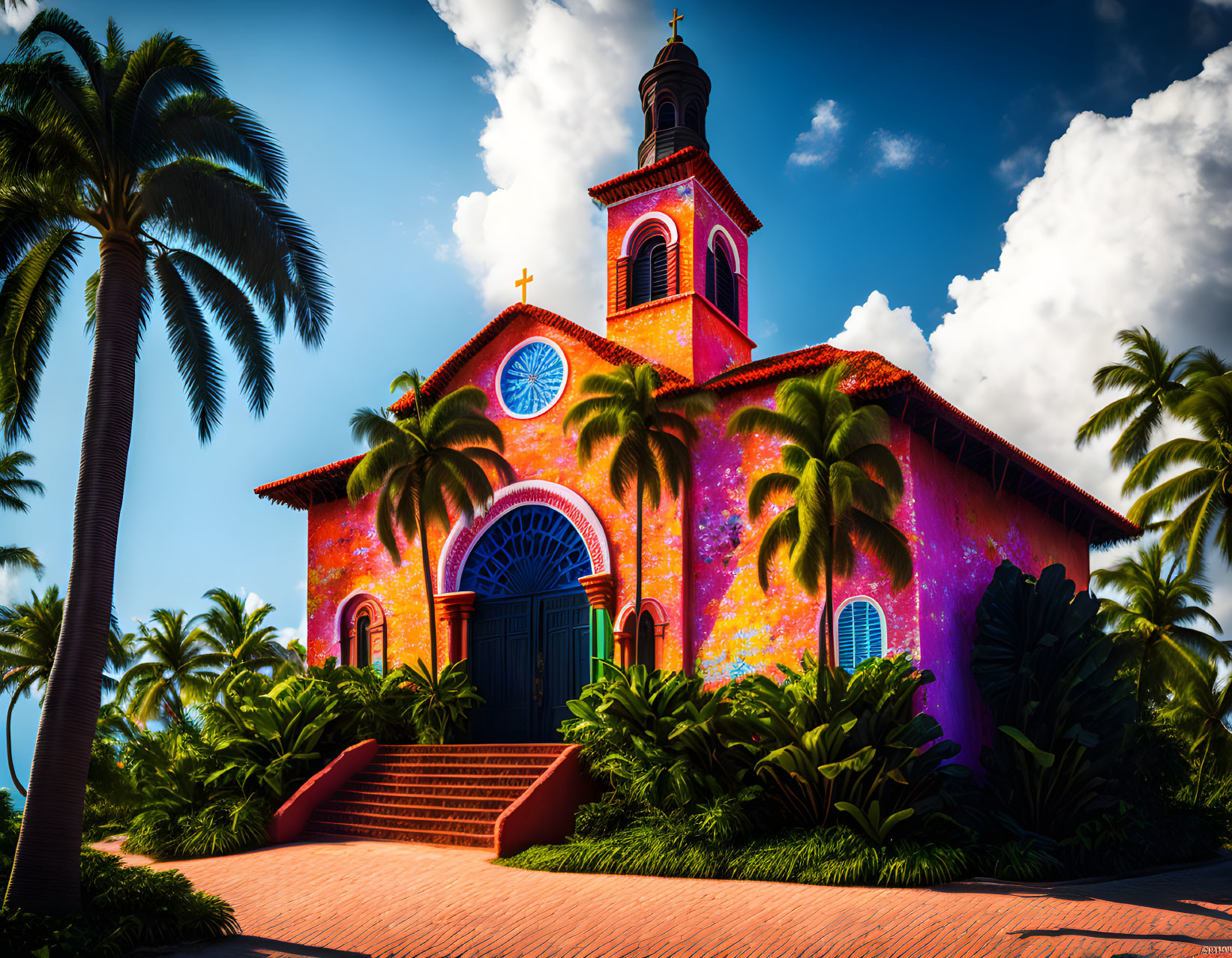 Colorful Artistic Facade of Vibrant Church Among Palm Trees