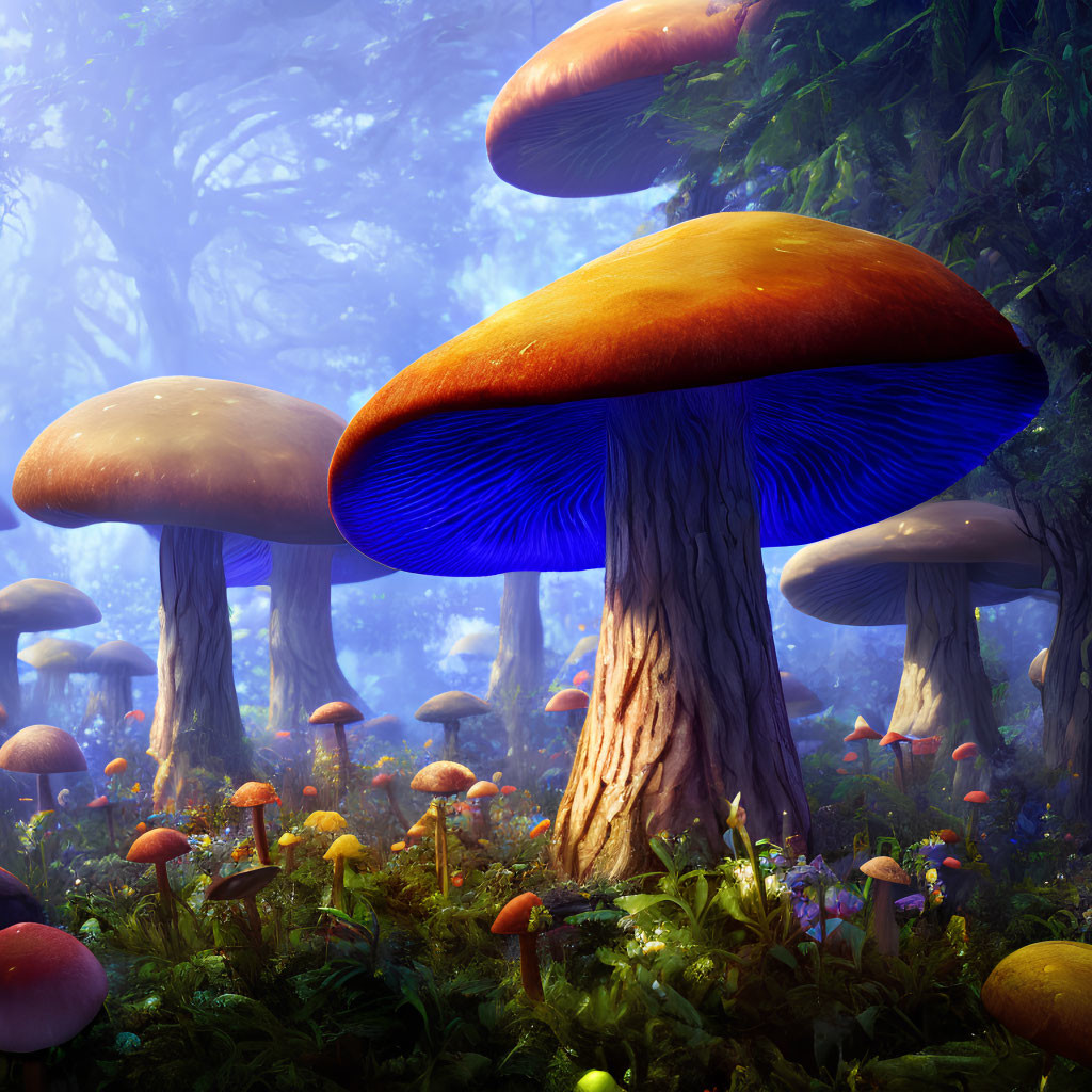 Colorful Oversized Mushrooms in Vibrant Fantasy Forest