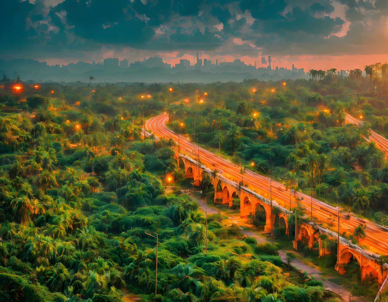 Elevated highway with arches in lush, palm-filled landscape at dusk