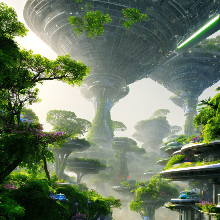 Futuristic towers amid lush greenery and vibrant forest scene