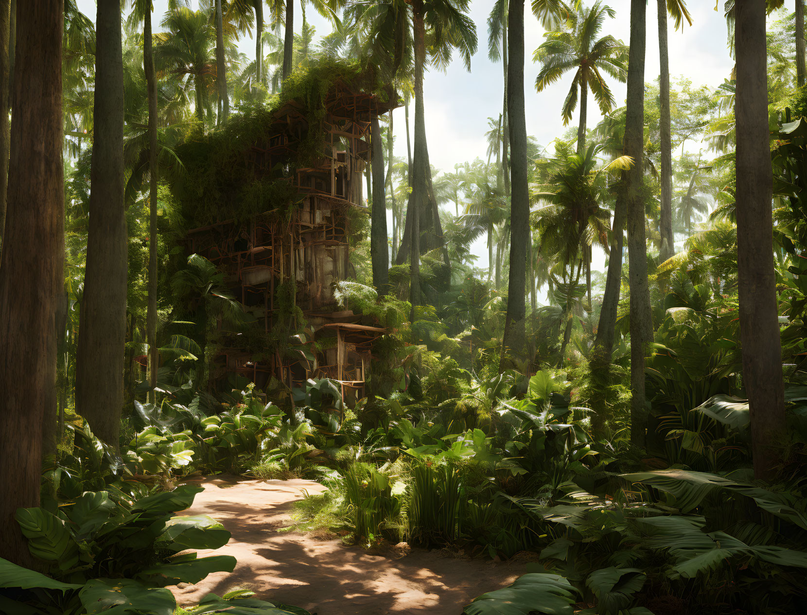 Lush jungle scene with intricate treehouse in sunlight