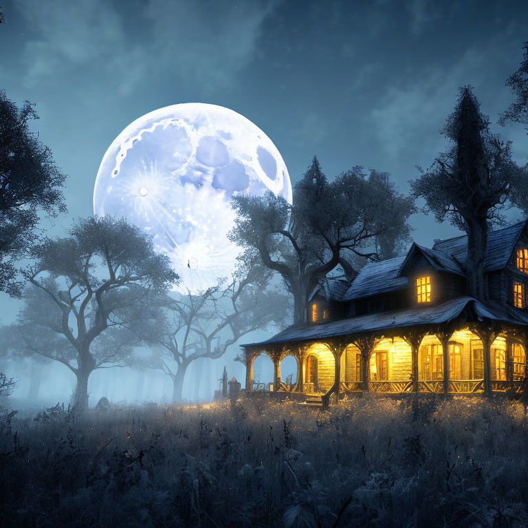 Moonlit Scene: Bright Moon, Trees, Illuminated House & Misty Landscape